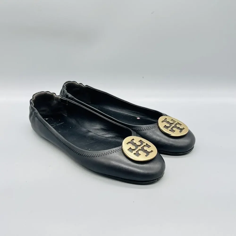 Tory Burch Shoes Womens 11 Black Leather Logo Ballet Flats Slip On Reva